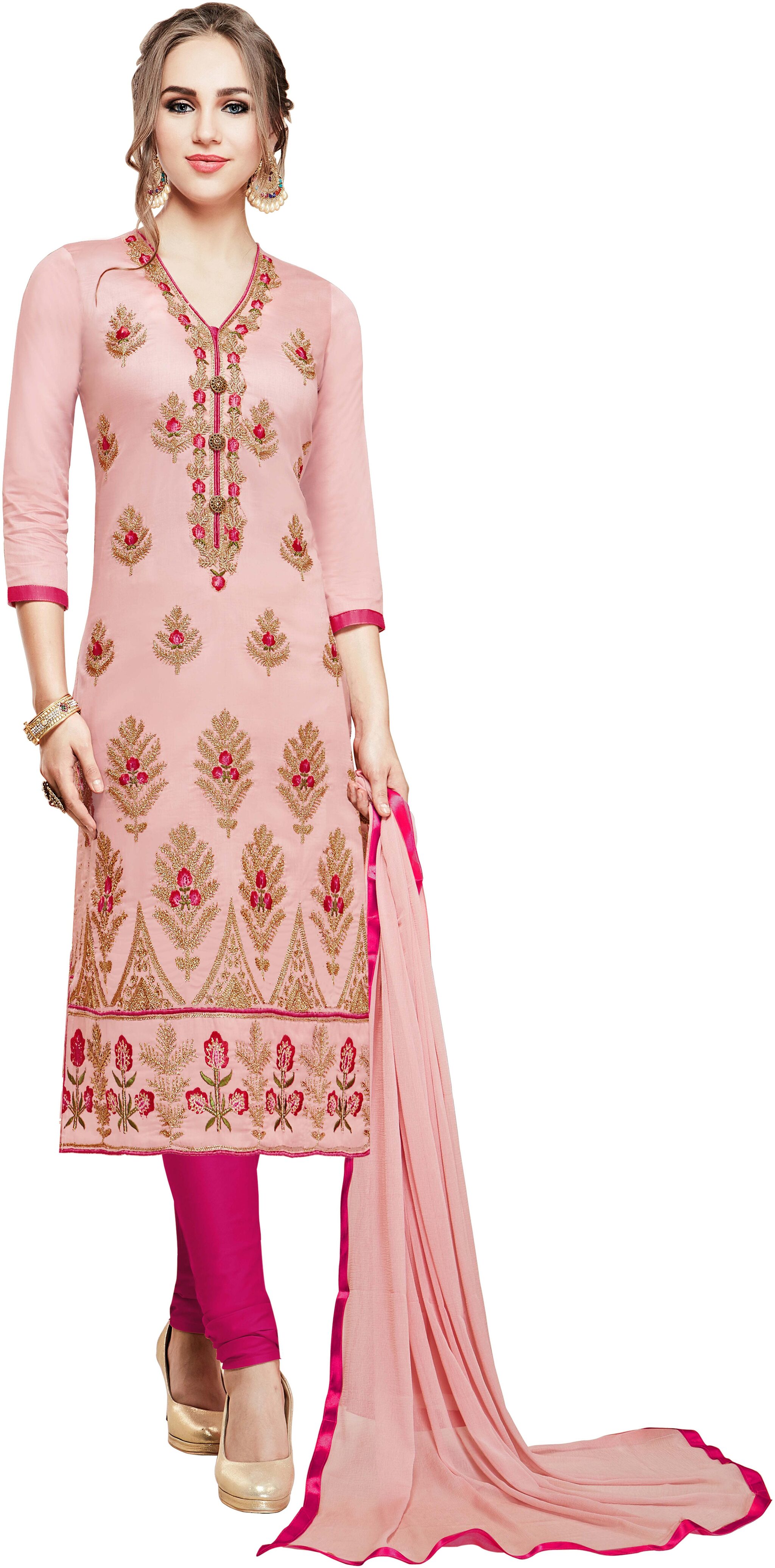

Manvaa Women Pink Embroidered Cotton Dress Material