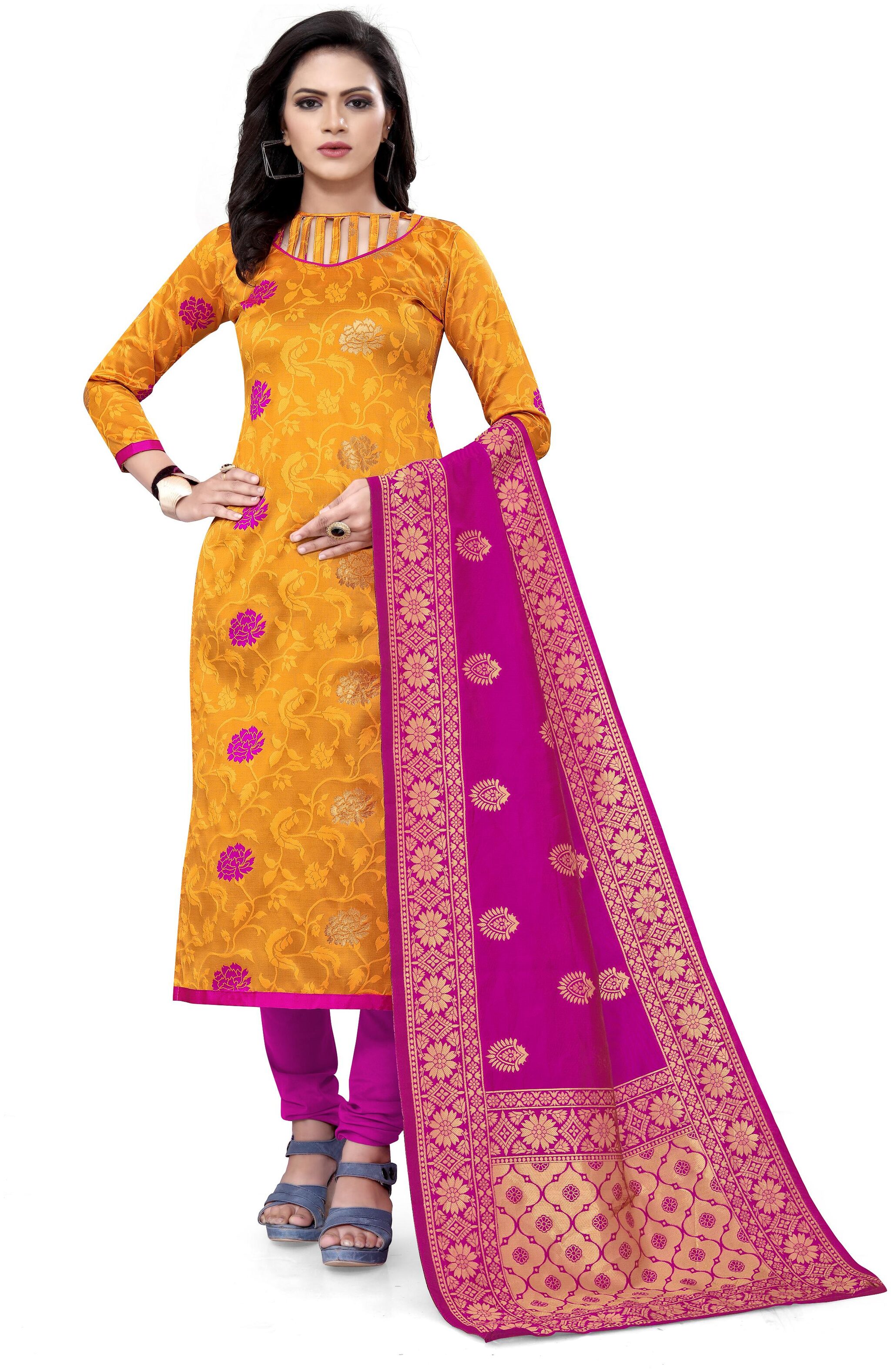 

MANVAA Yellow Unstitched Kurta with bottom dupatta With dupatta Dress Material