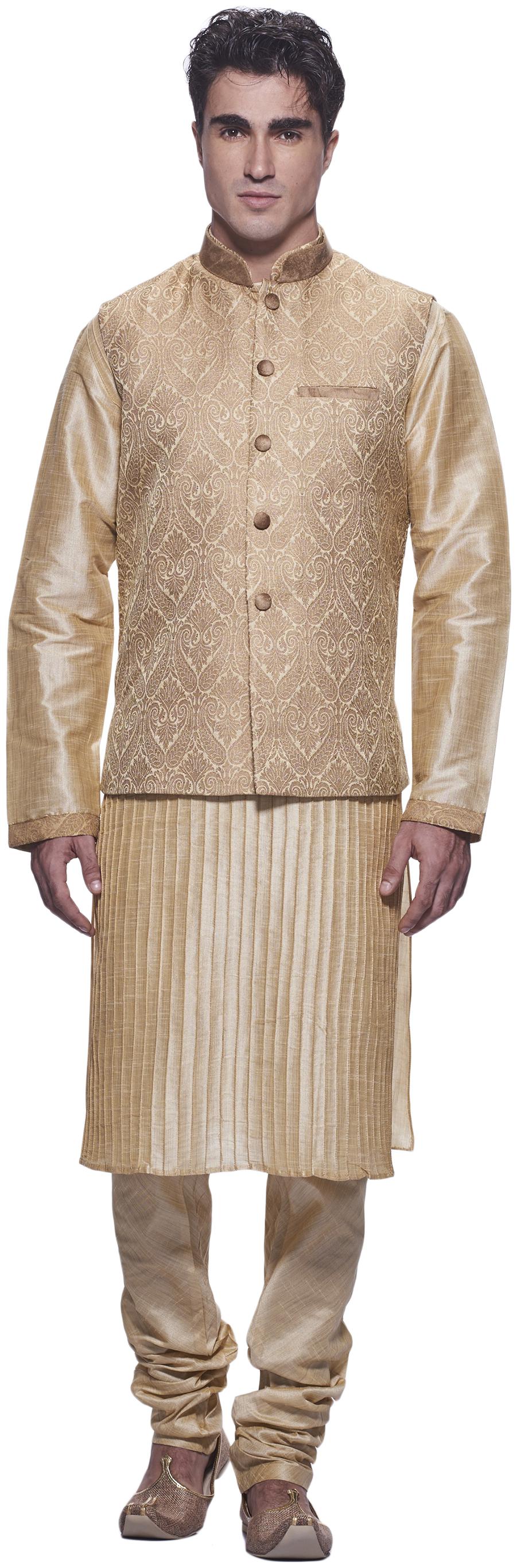 

Manyavar Men Beige Full Sleeve Kurta Paired with Churidar Designer Nehru Jacket