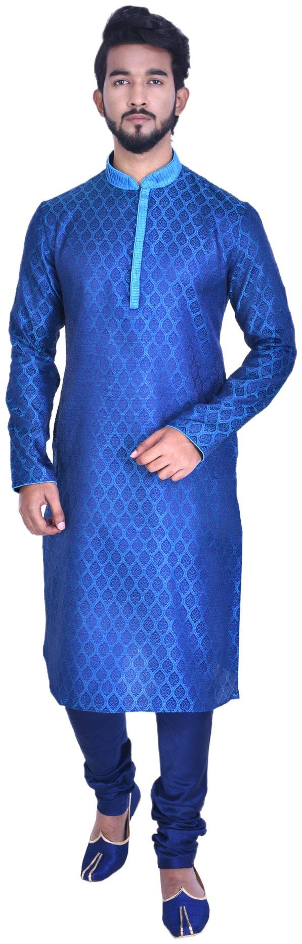 

Manyavar Men Blue Full Sleeve Kurta Paired with Churidar