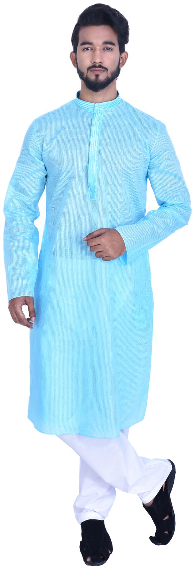 

Manyavar Men Blue Full Sleeve Striped Kurta Paired with Pyjama