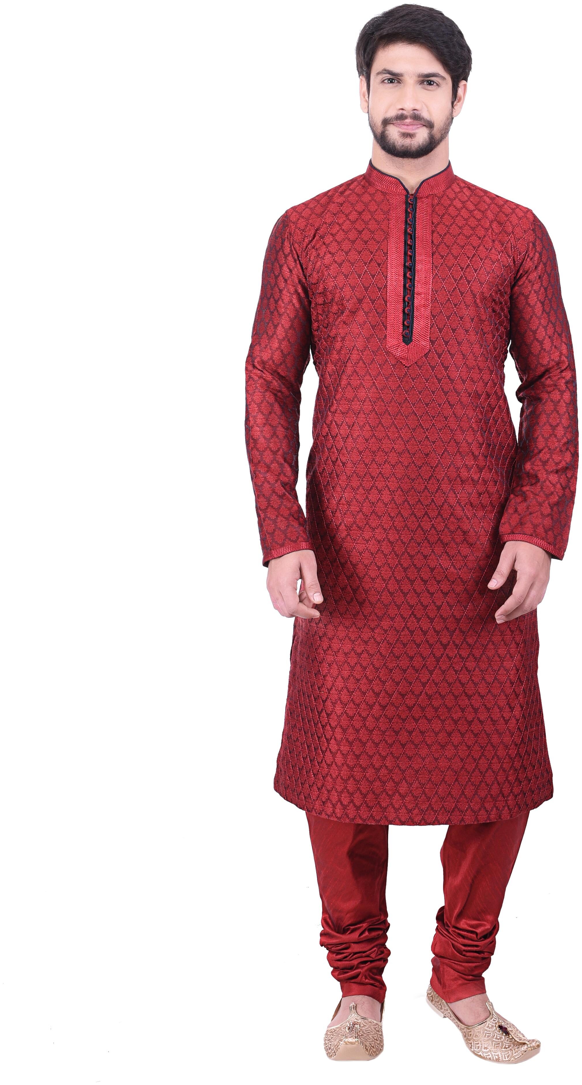 

Manyavar Men Maroon Full Sleeve Kurta Paired with Churidar