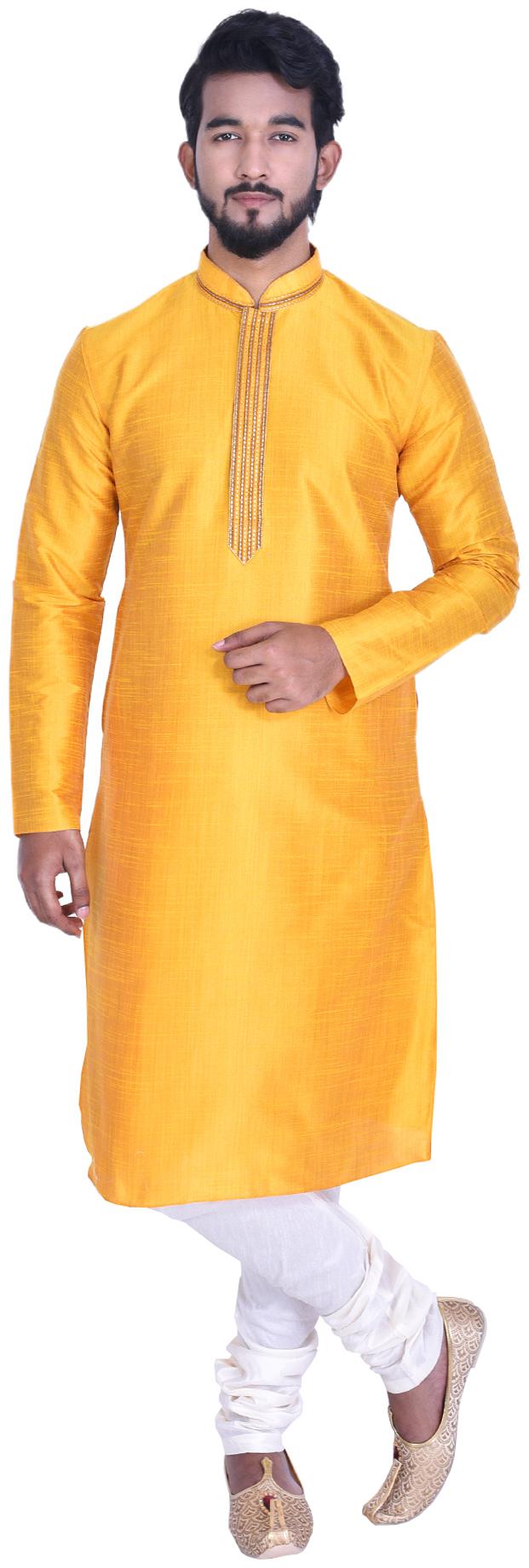 

Manyavar Men Yellow Full Sleeve Kurta Paired with Churidar