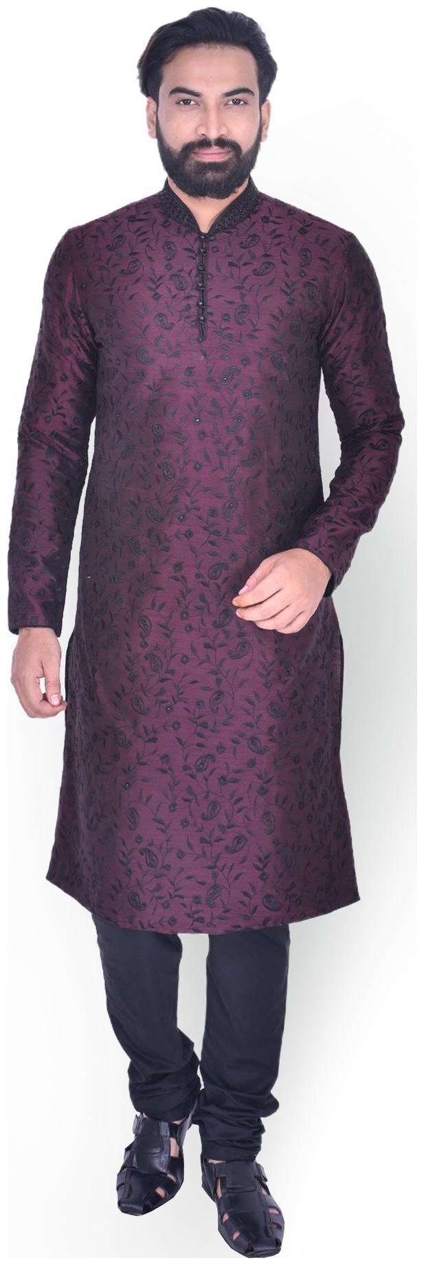 

Manyavar Men Maroon Full Sleeve Kurta Paired with Churidar