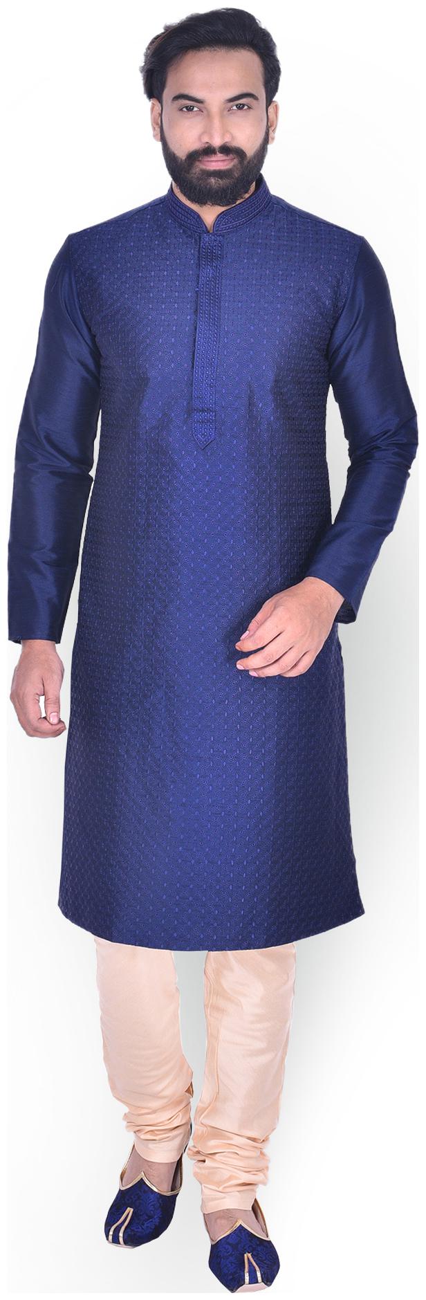 

Manyavar Men Blue Full Sleeve Kurta Paired with Churidar