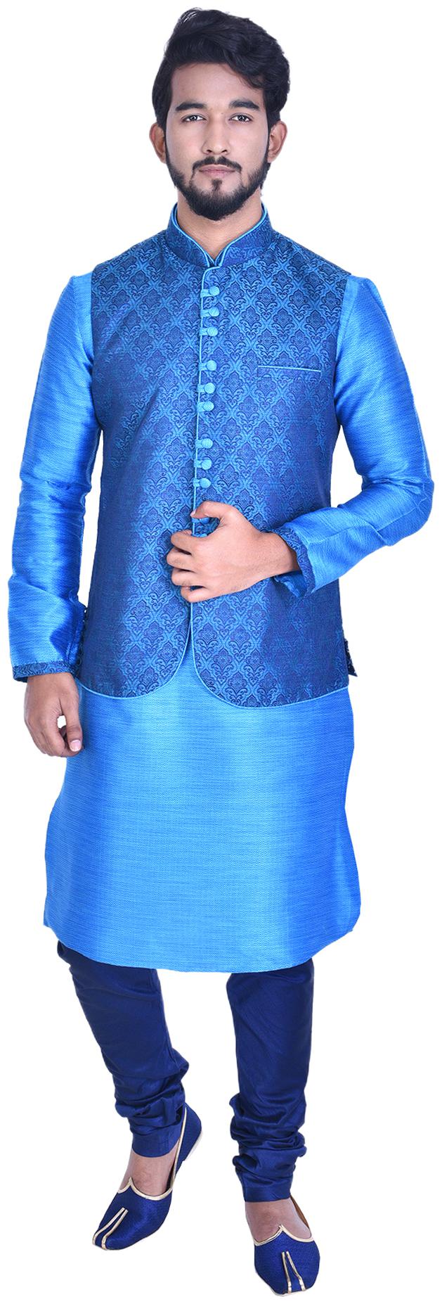 

Manyavar Men Blue Full Sleeve Kurta Paired with Churidar Designer Nehru Jacket