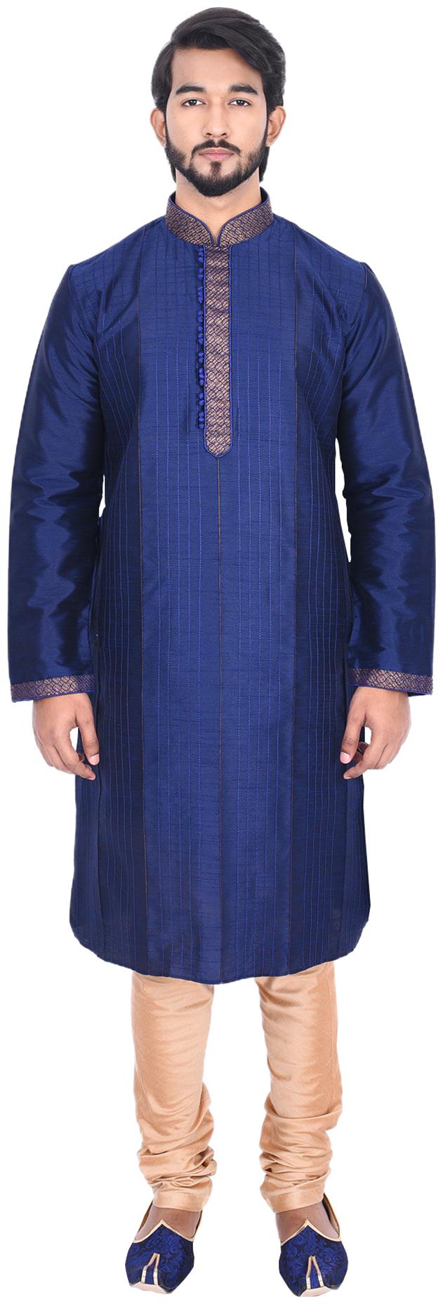 

Manyavar Men Blue Full Sleeve Striped Kurta Paired with Churidar
