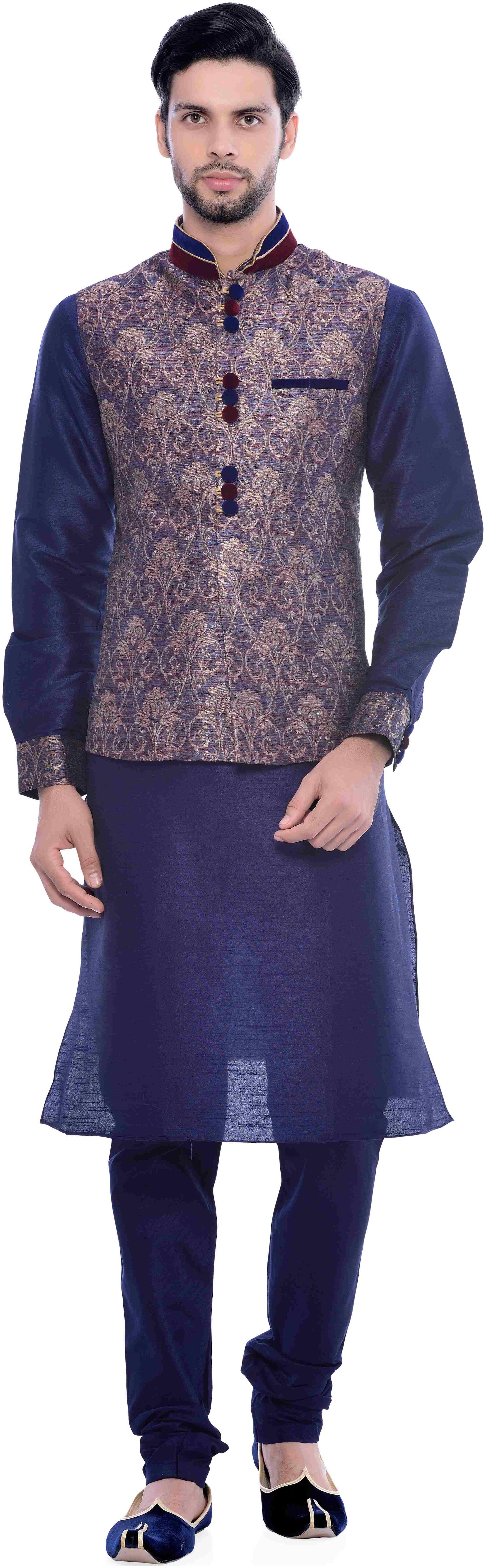 

Manyavar Men Blue Full Sleeve Kurta Paired with Churidar Nehru Jacket