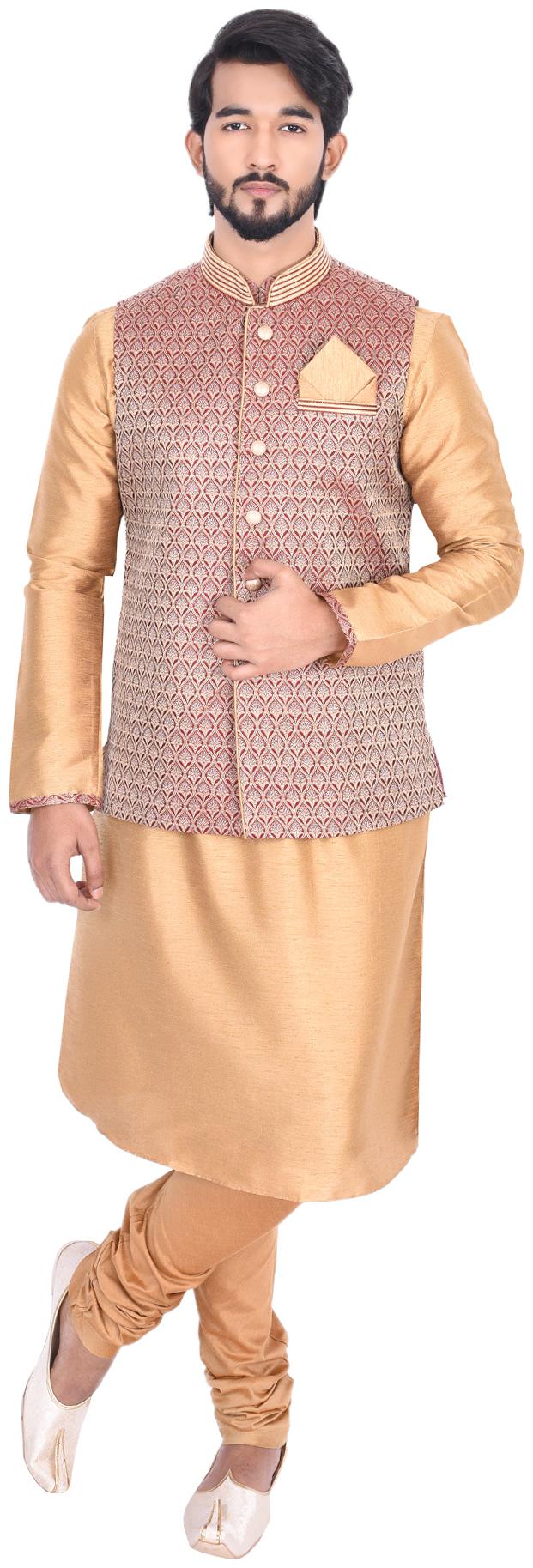 

Manyavar Men Beige Full Sleeve Kurta Paired with Churidar Maroon Nehru Jacket