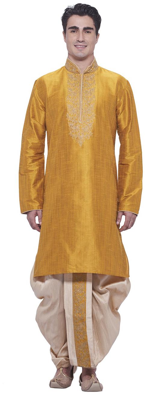 

Manyavar Men Yellow Full Sleeve Kurta Paired with Dhoti Pant