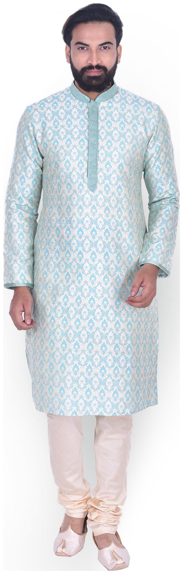 

Manyavar Men Turquoise Full Sleeve Kurta Paired with Churidar