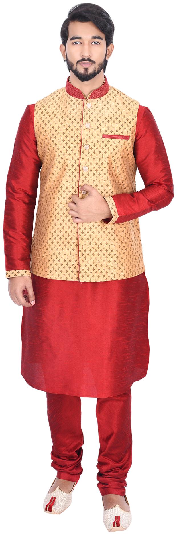 

Manyavar Men Red Full Sleeve Kurta Paired with Churidar Yellow Nehru Jacket