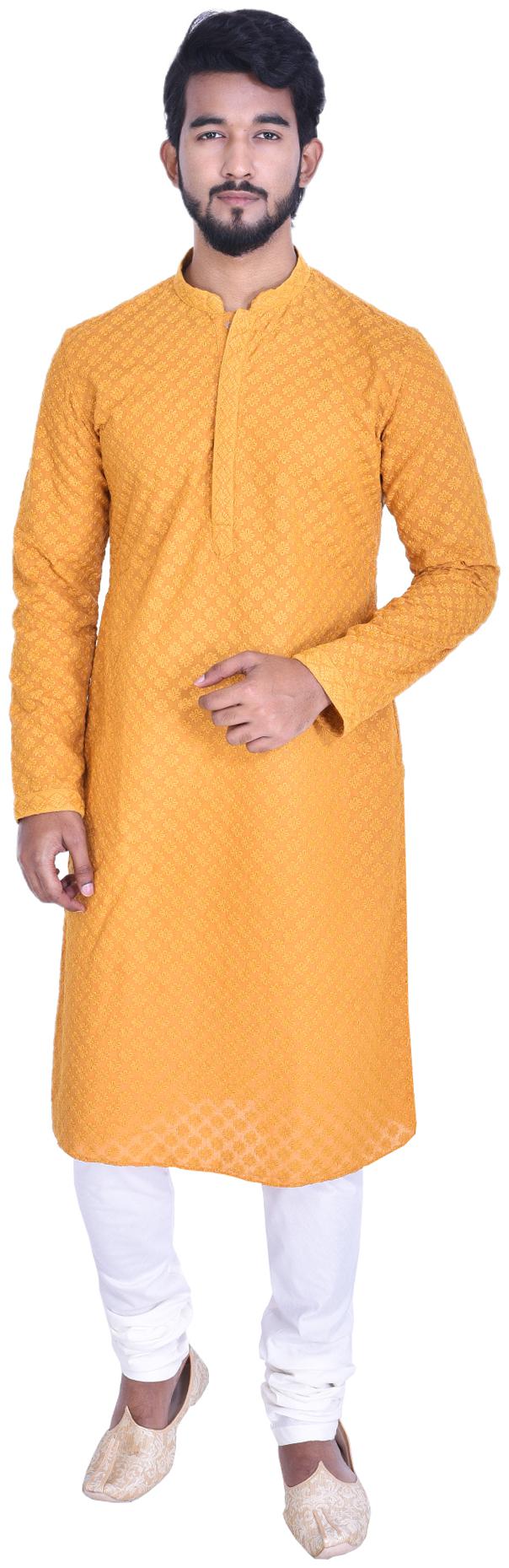 

Manyavar Men Yellow Full Sleeve Kurta Paired with Churidar