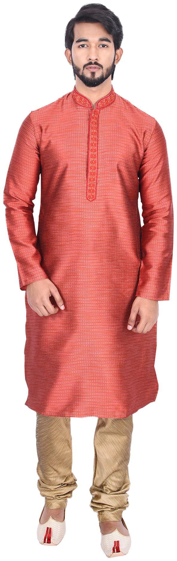

Manyavar Men Red Full Sleeve Kurta Paired with Churidar