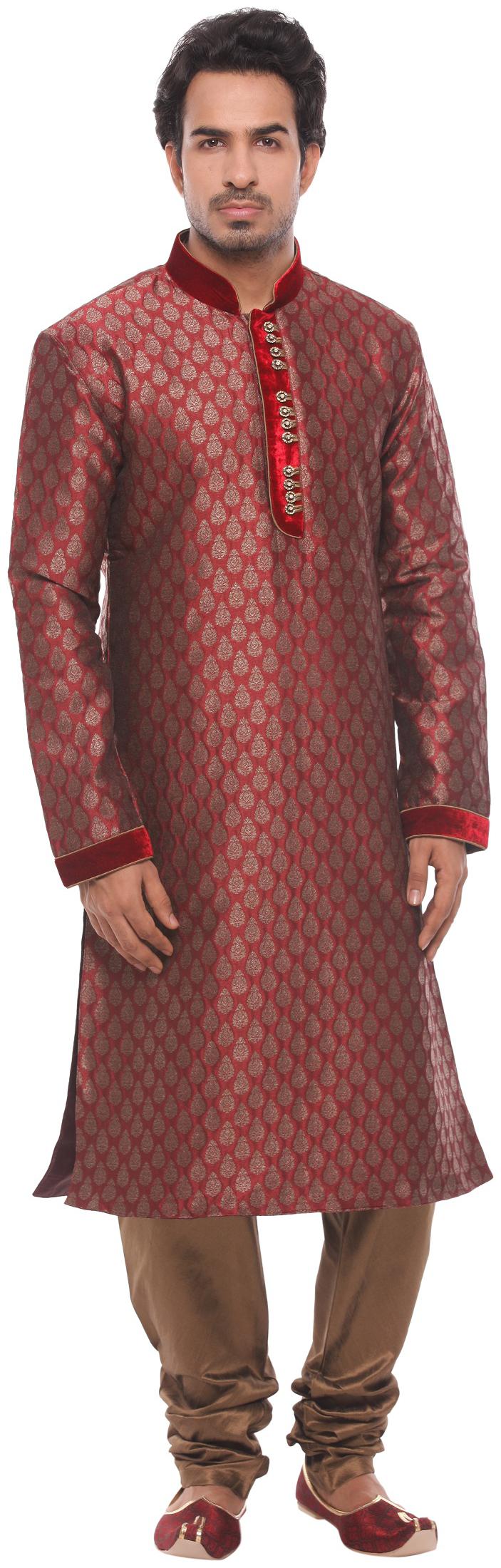 

Manyavar Men Maroon Full Sleeve Kurta Paired with Churidar