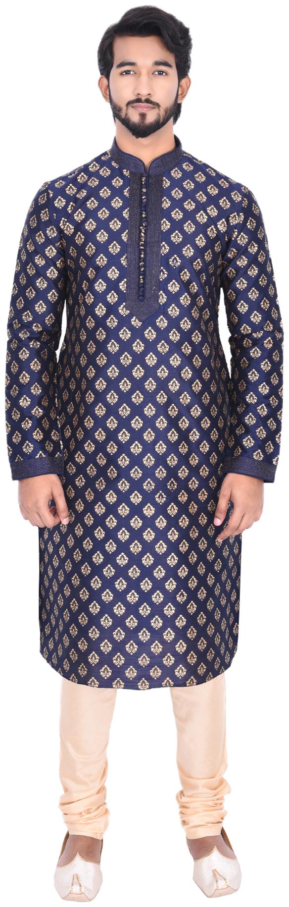 

Manyavar Men Blue Full Sleeve Kurta Paired with Churidar