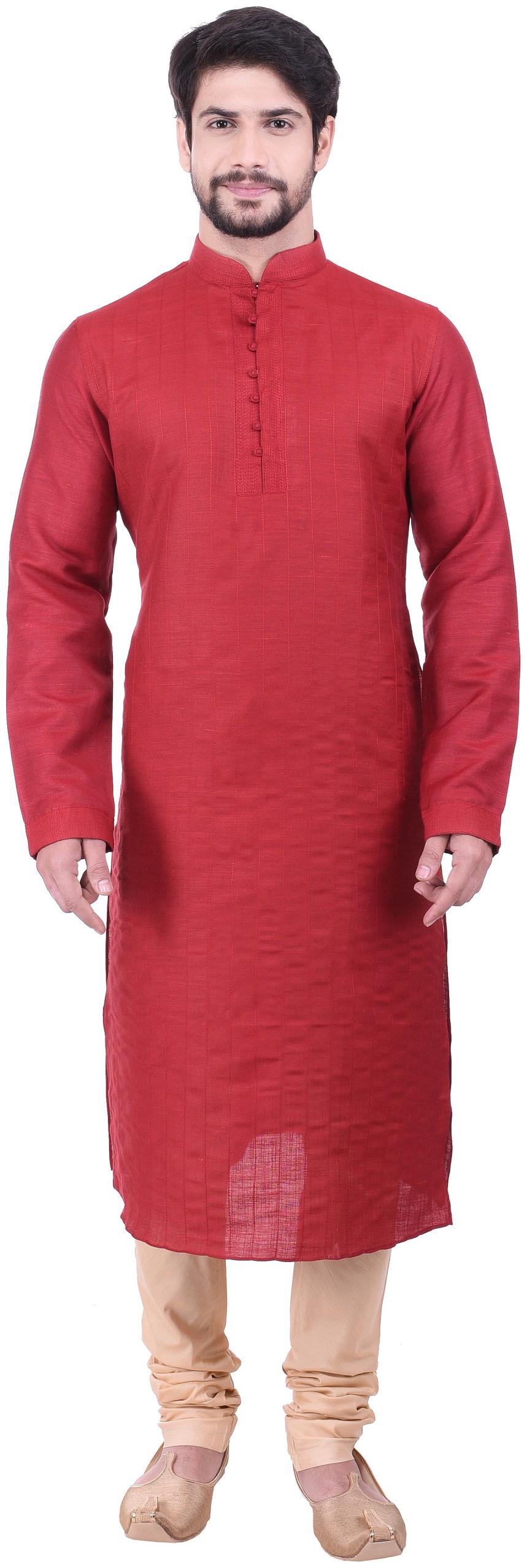 

Manyavar Men Maroon Full Sleeve Striped Kurta Paired with Churidar