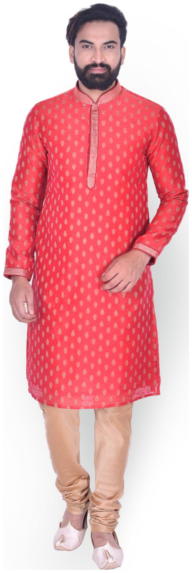 

Manyavar Men Red Full Sleeve Printed Kurta Paired with Churidar