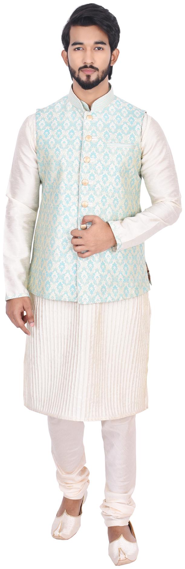 

Manyavar Men Off White Full Sleeve Kurta Paired with Churidar Blue Nehru Jacket