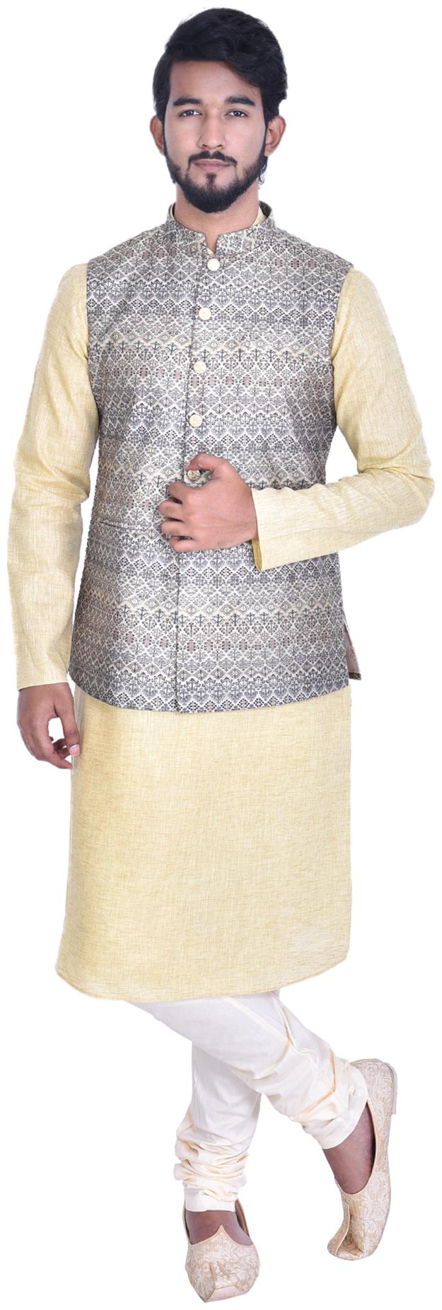

Manyavar Men Beige Full Sleeve Kurta Paired with Churidar Nehru Jacket