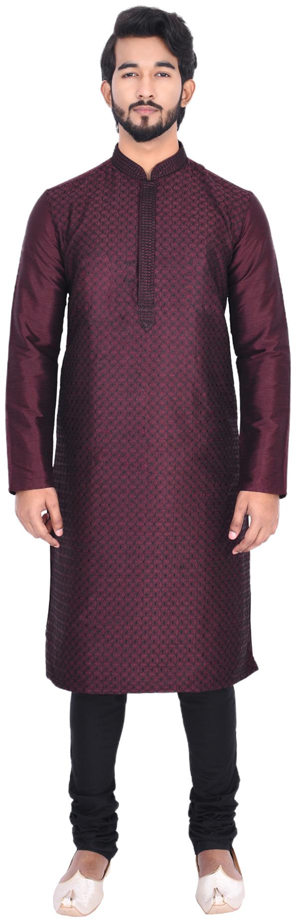 

Manyavar Men Maroon Full Sleeve Kurta Paired with Churidar