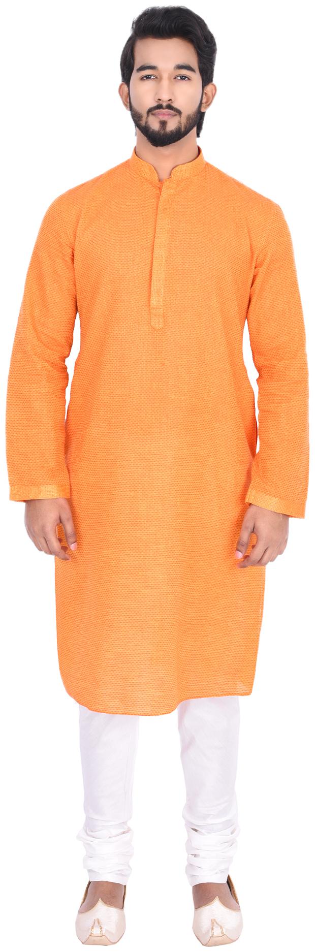 

Manyavar Men Orange Full Sleeve Kurta Paired with Churidar