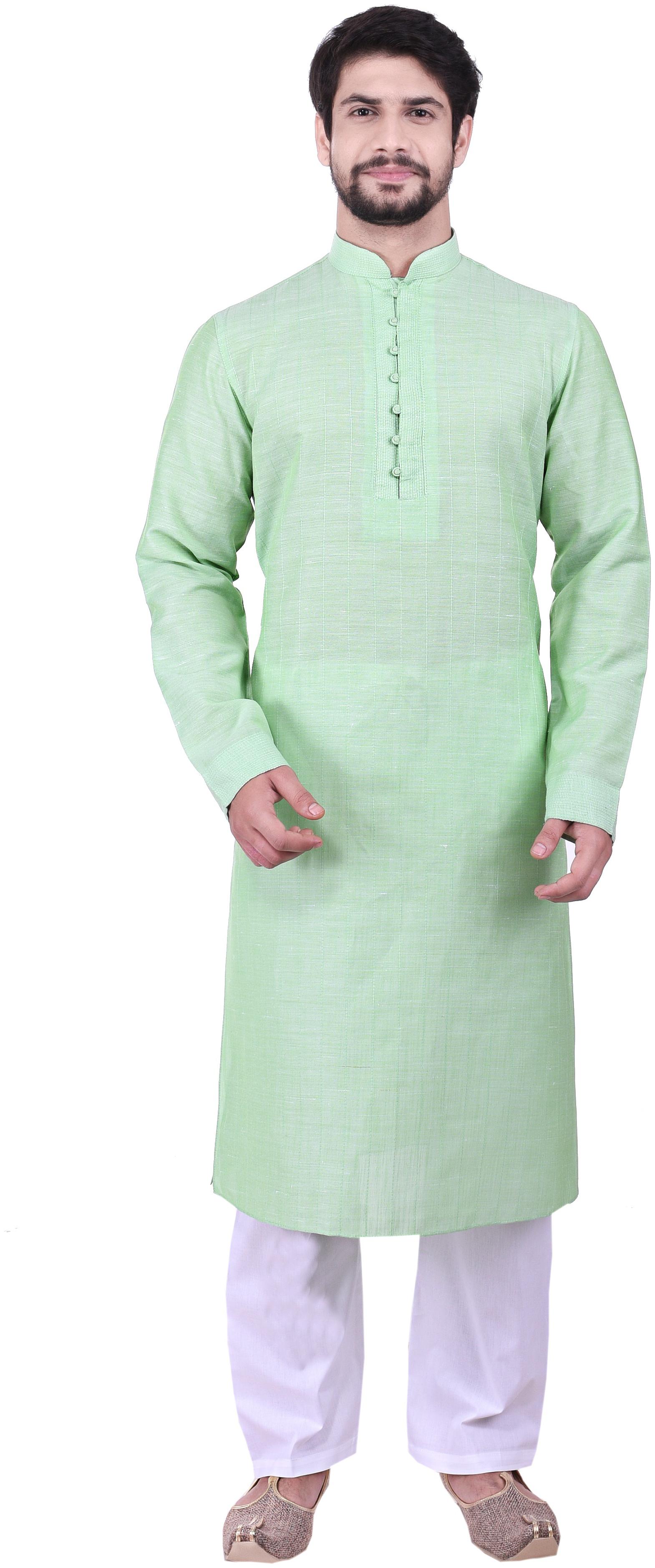 

Manyavar Men Green Full Sleeve Striped Kurta Paired with Pyjama