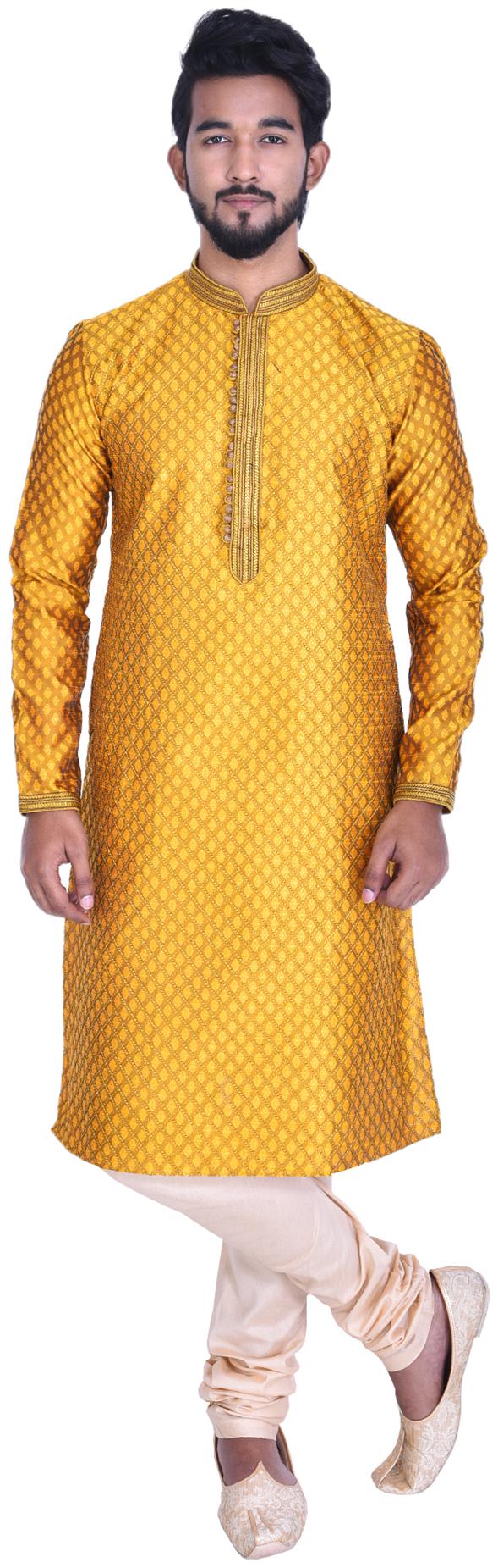 

Manyavar Men Yellow Full Sleeve Kurta Paired with Churidar