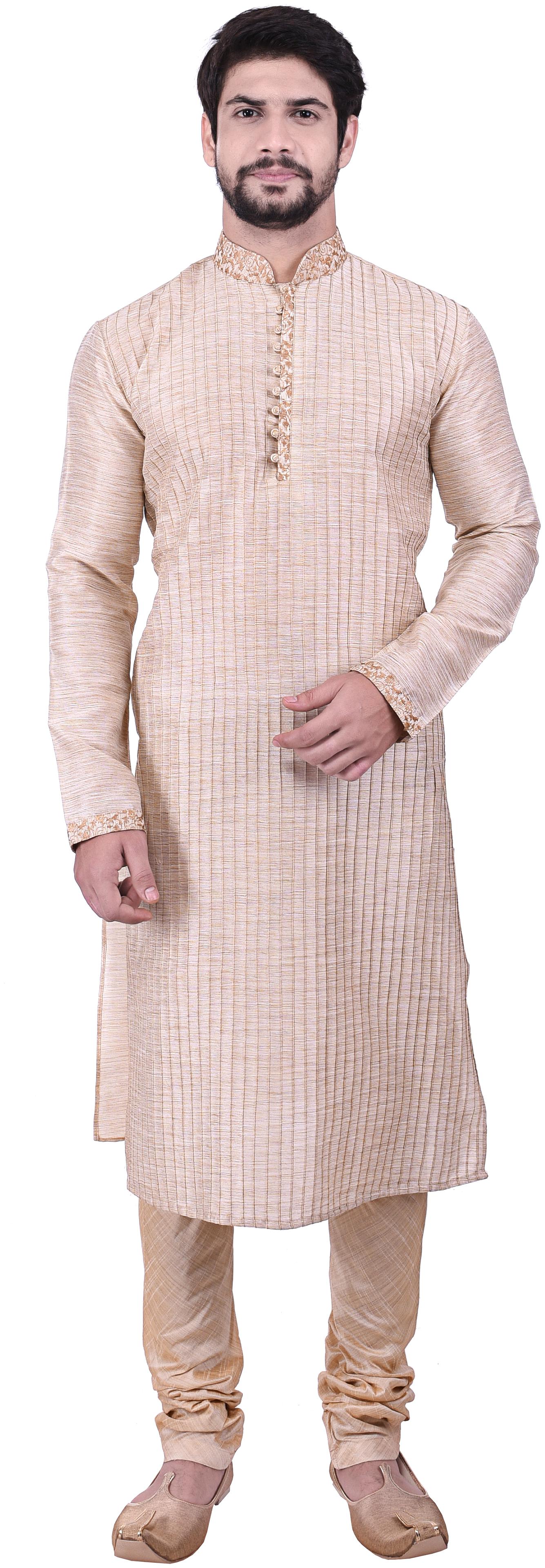 

Manyavar Men Cream Full Sleeve Striped Kurta Paired with Churidar