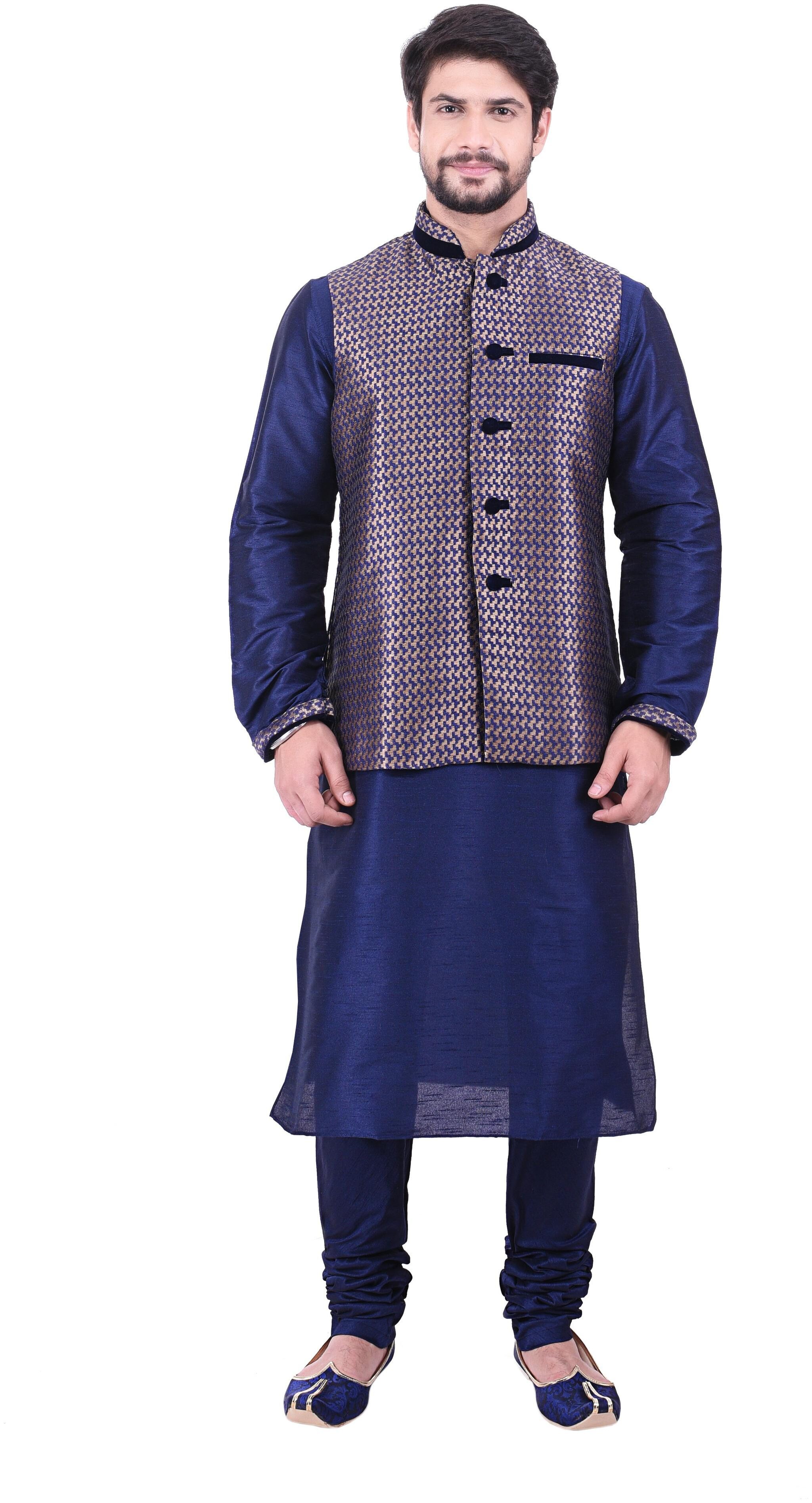 

Manyavar Men Blue Full Sleeve Kurta Paired with Churidar Designer Nehru Jacket