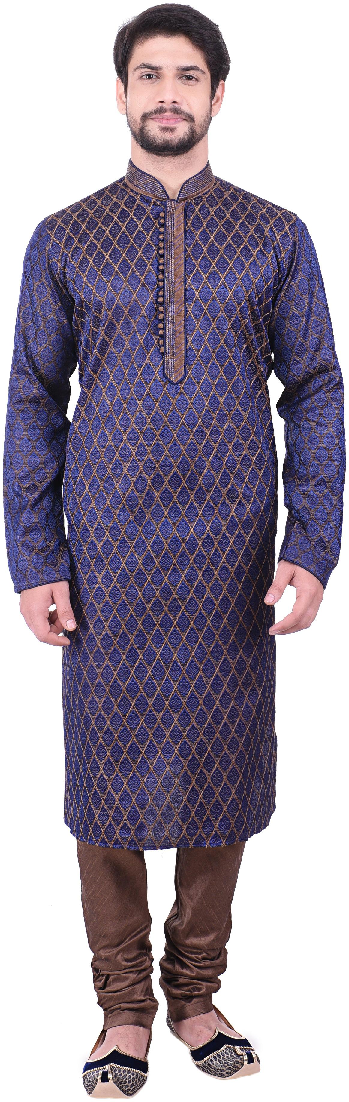 

Manyavar Men Blue Full Sleeve Kurta Paired with Churidar