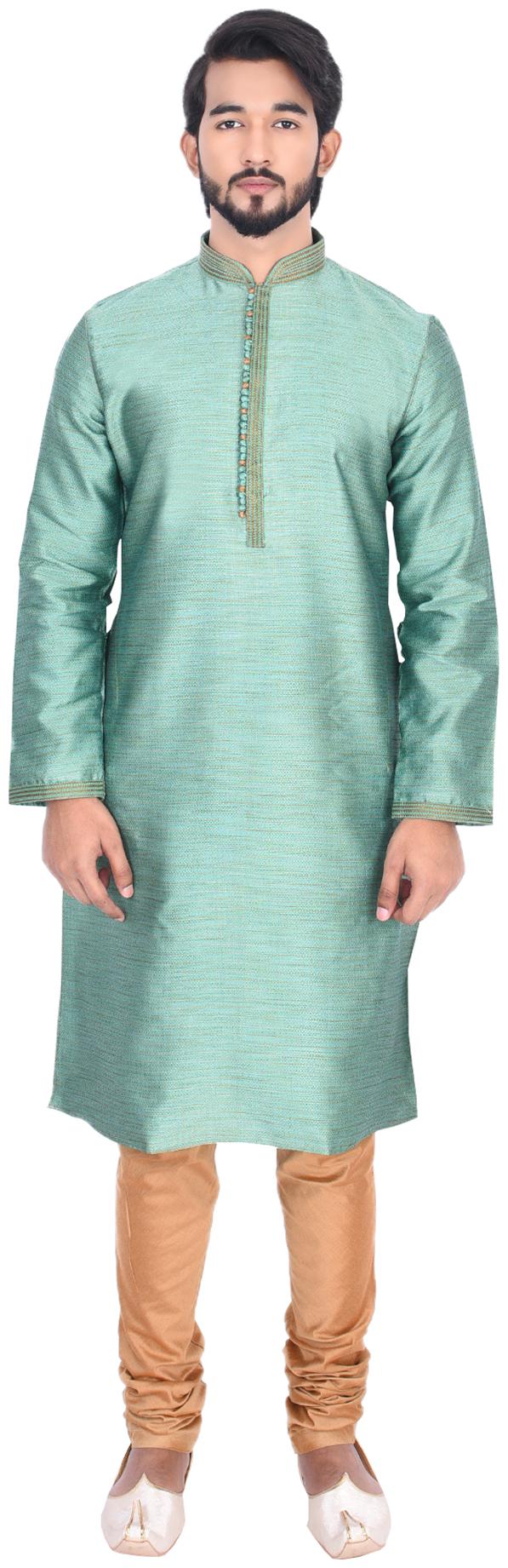 

Manyavar Men Green Full Sleeve Kurta Paired with Churidar