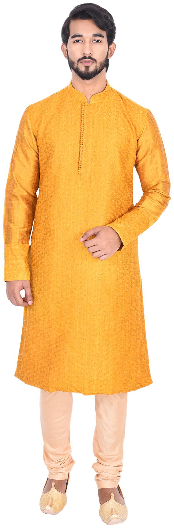 

Manyavar Men Orange Full Sleeve Kurta Paired with Churidar