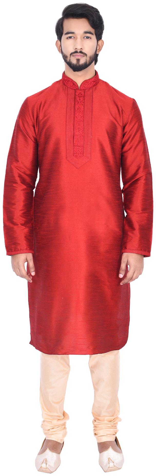 

Manyavar Men Maroon Full Sleeve Kurta Paired with Churidar
