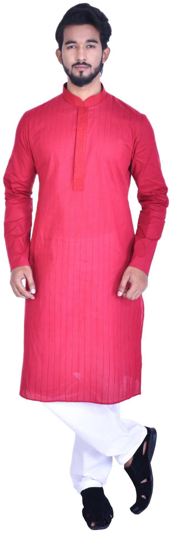 

Manyavar Men Maroon Full Sleeve Striped Kurta Paired with Pyjama