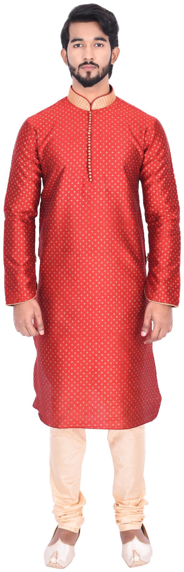 

Manyavar Men Maroon Full Sleeve Kurta Paired with Churidar