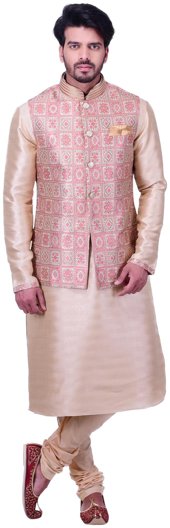 

Manyavar Men Beige Full Sleeve Kurta Paired with Churidar Waistcoat