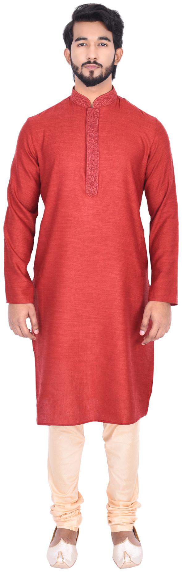 

Manyavar Men Maroon Full Sleeve Kurta Paired with Churidar