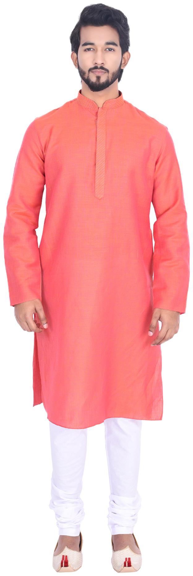 

Manyavar Men Peach Full Sleeve Kurta Paired with Churidar