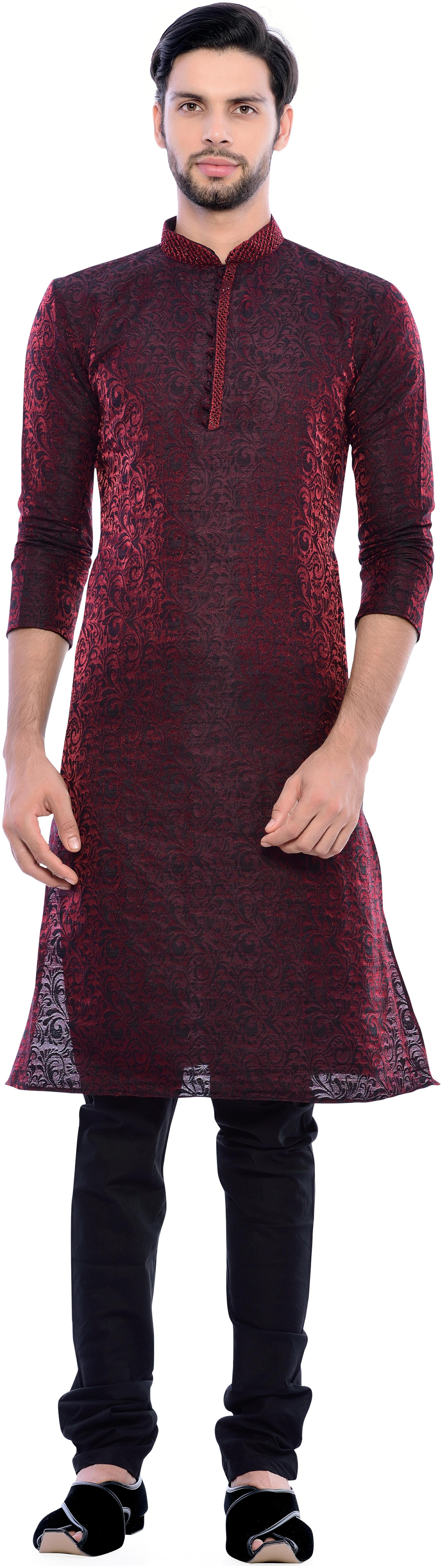 

Manyavar Men Maroon Full Sleeve Kurta Paired with Churidar