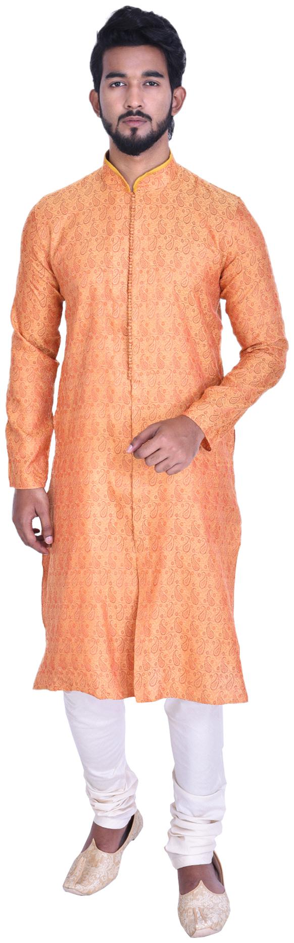 

Manyavar Men Orange Full Sleeve Kurta Paired with Churidar