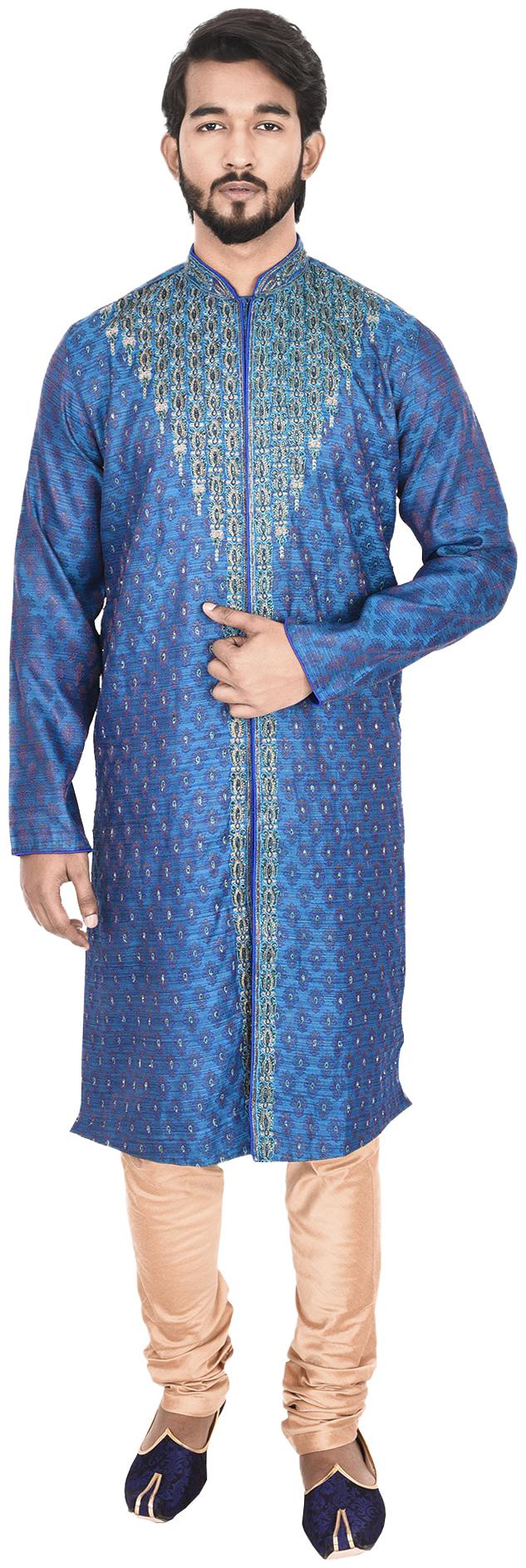 

Manyavar Men Blue Full Sleeve Kurta Paired with Churidar