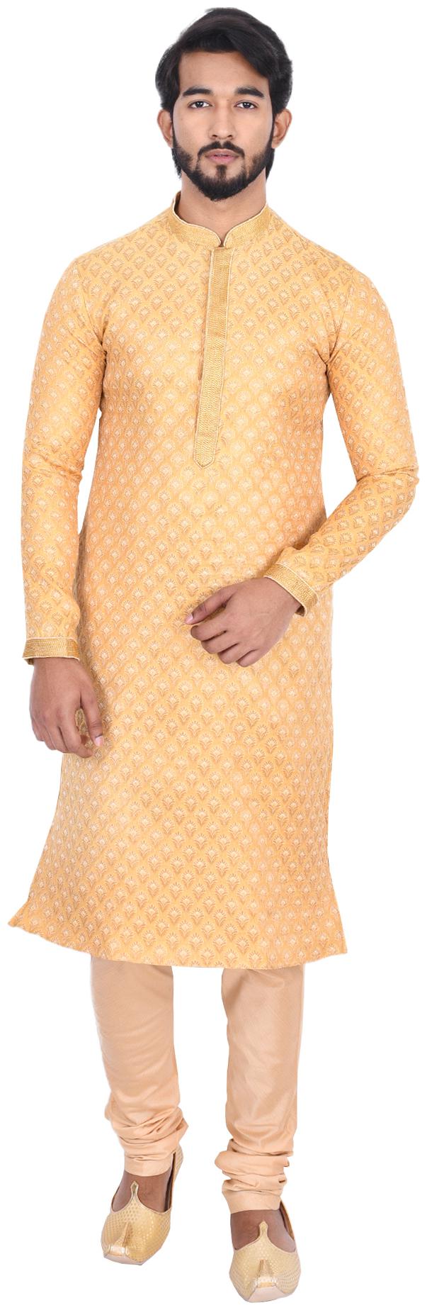 

Manyavar Men Yellow Full Sleeve Kurta Paired with Churidar