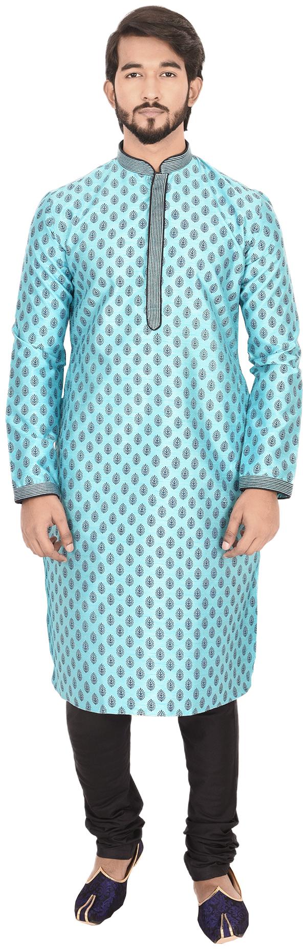 

Manyavar Men Turquoise Full Sleeve Printed Kurta Paired with Churidar