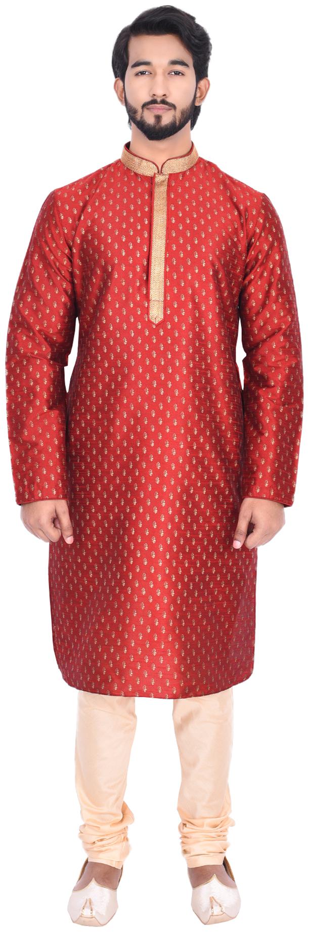

Manyavar Men Maroon Full Sleeve Printed Kurta Paired with Churidar