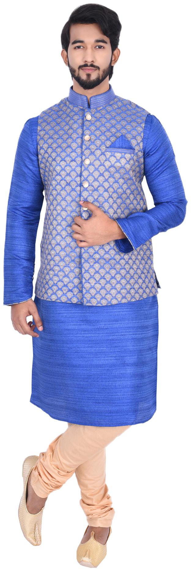 

Manyavar Men Blue Full Sleeve Kurta Paired with Churidar Nehru Jacket