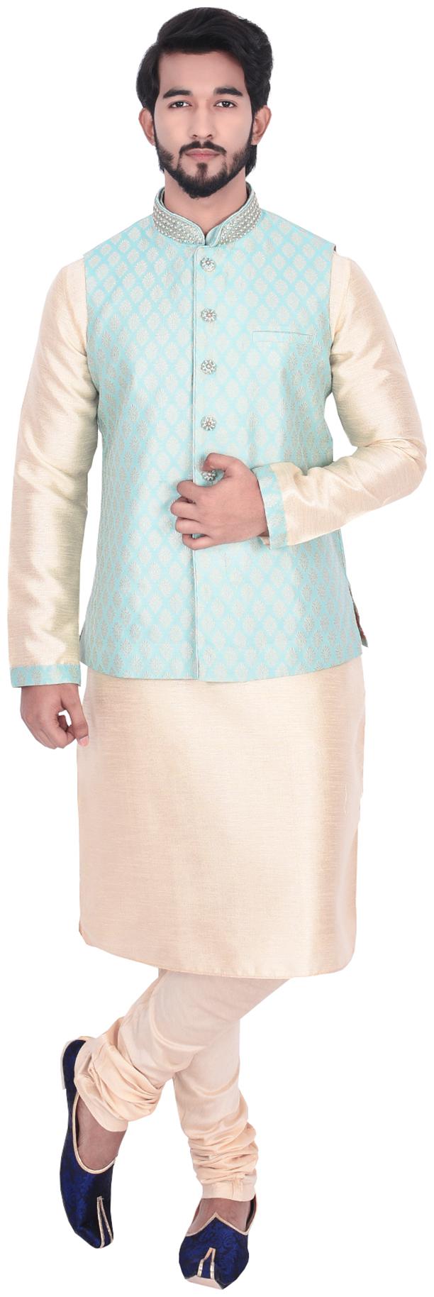 

Manyavar Men Beige Full Sleeve Kurta Paired with Churidar Printed Nehru Jacket