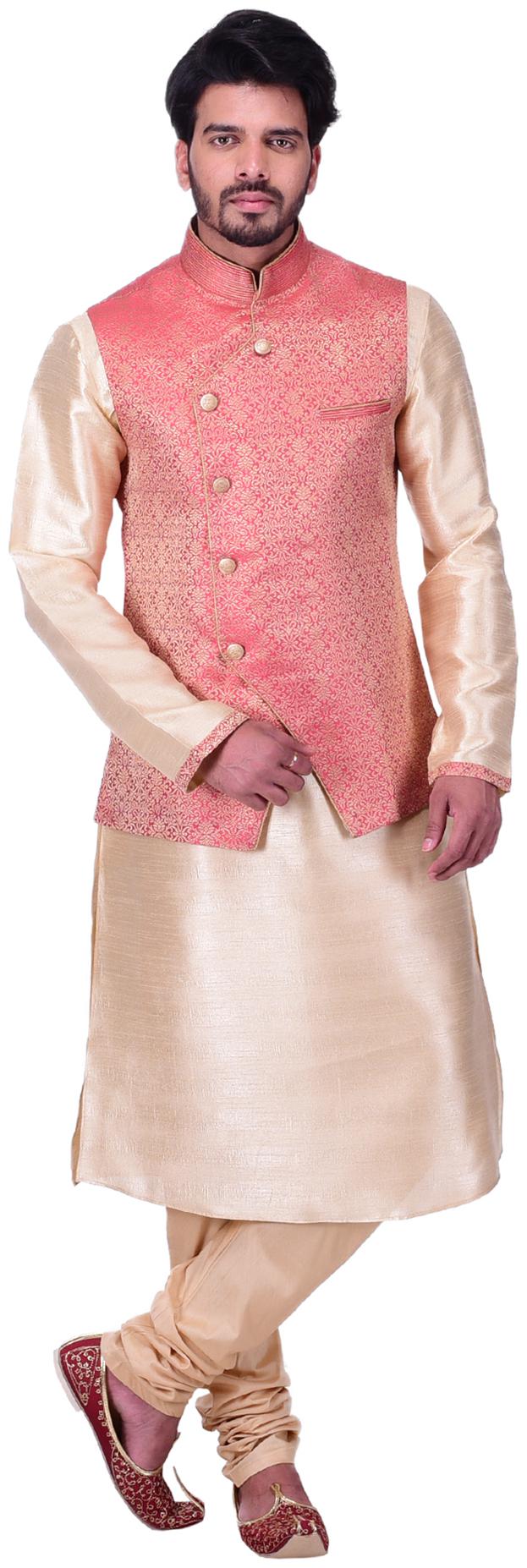 

Manyavar Men Beige Full Sleeve Kurta Paired with Churidar Waistcoat