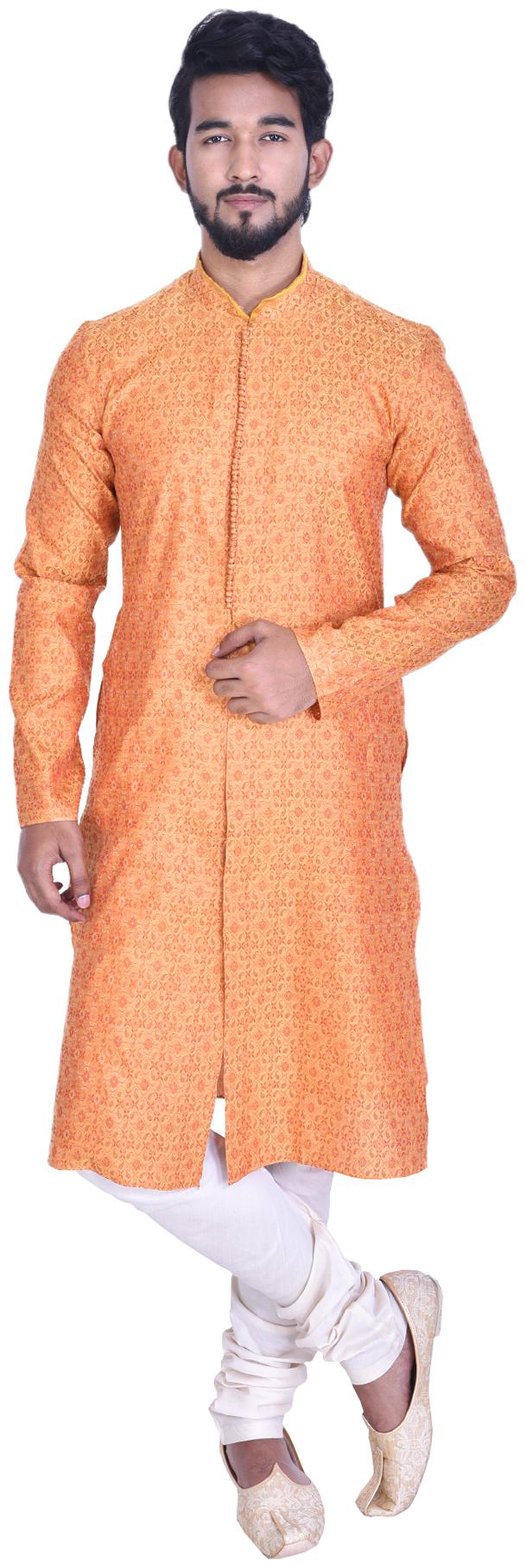 

Manyavar Men Orange Full Sleeve Kurta Paired with Churidar