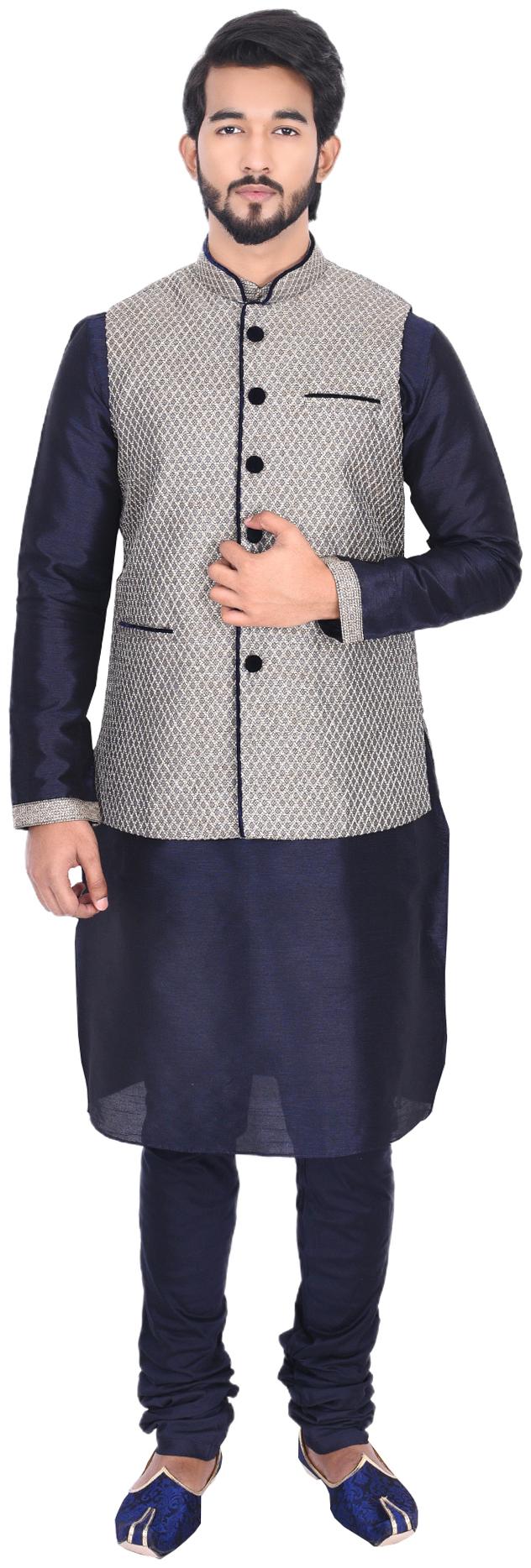 

Manyavar Men Blue Full Sleeve Kurta Paired with Churidar Nehru Jacket